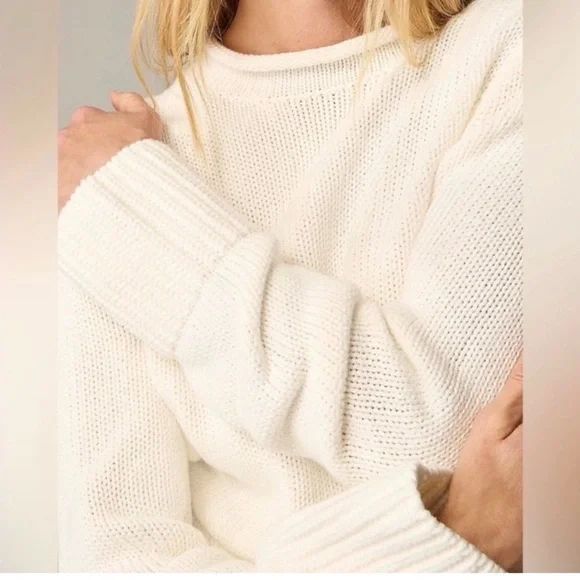 Cream Knit Roll Neck Cotton Sweater - Picture 3 of 7